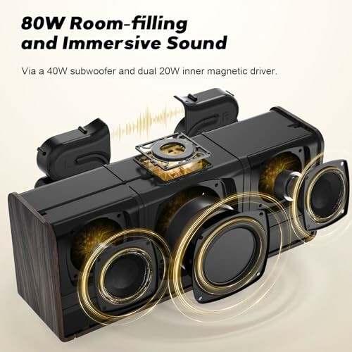 Diagram of a speaker with 80W power, featuring a 40W subwoofer and dual 20W drivers for immersive sound.