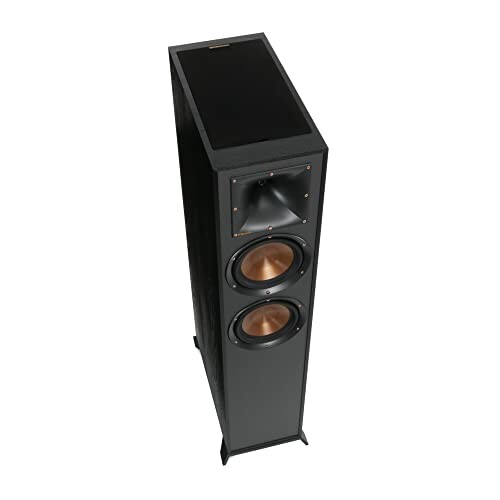 Black floor standing speaker with dual copper woofers