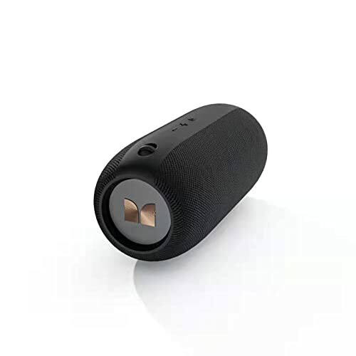 Black portable Bluetooth speaker on white background