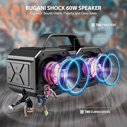 Bugani Shock 60W speaker with superior sound clarity, featuring two tweeters and two subwoofers.