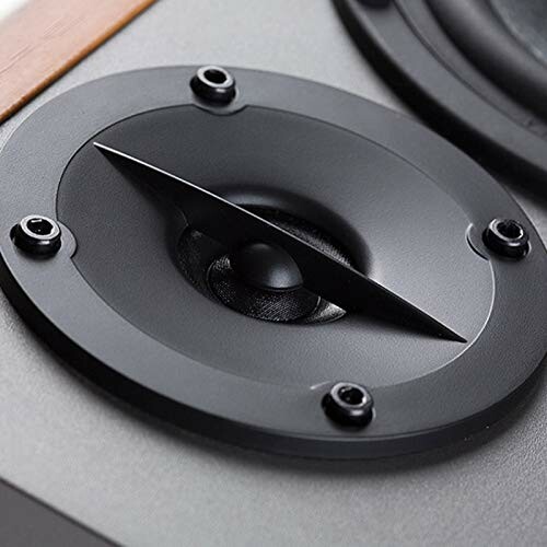 Close-up of a speaker tweeter with black screws.