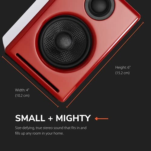 Red compact speaker with dimensions 6 inches height and 4 inches width providing clear and powerful sound