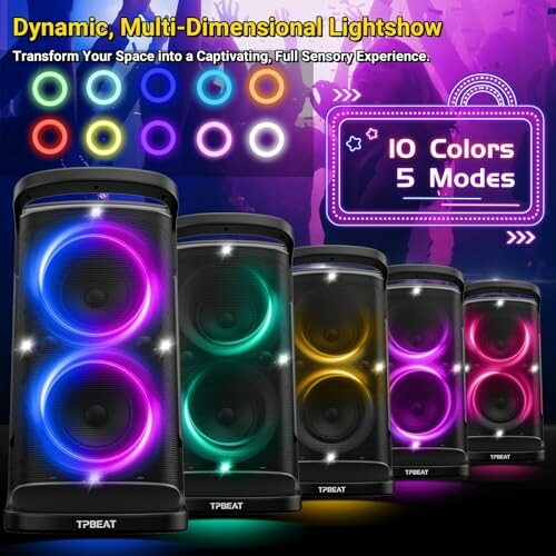 Multi-colored lightshow speakers with 10 colors and 5 modes.