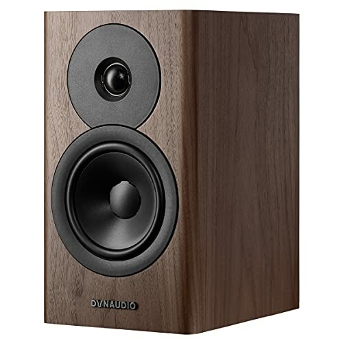 Dynaudio walnut bookshelf speaker with black drivers.