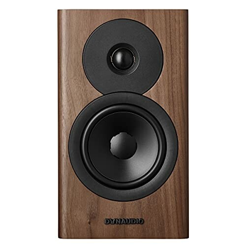 Front view of a Dynaudio wooden speaker with two drivers.