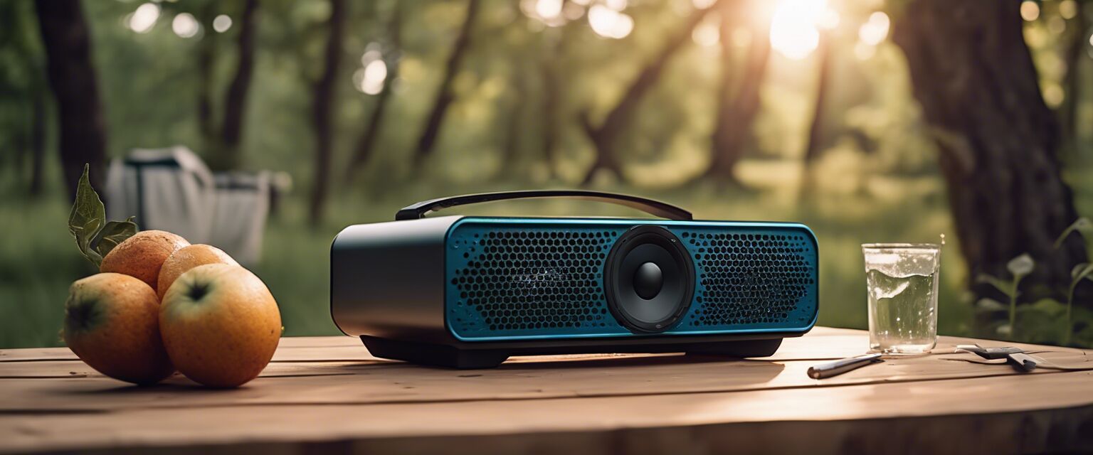 Outdoor Bluetooth speaker on a picnic table