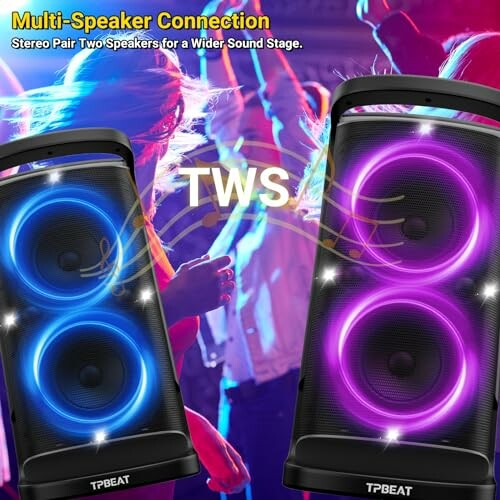 Two portable speakers with colorful lights at a party.