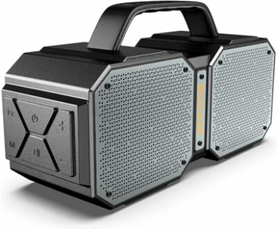 Portable Bluetooth speaker with handle and control buttons