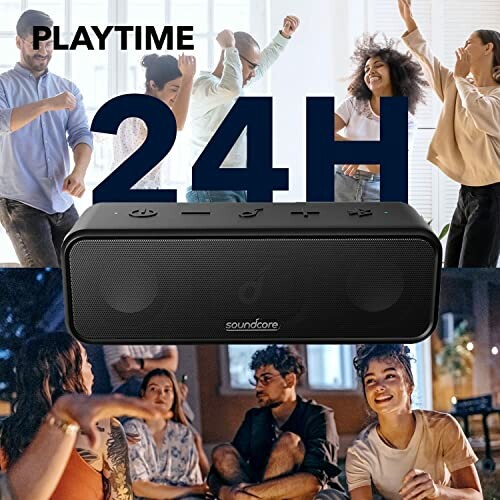 People dancing and socializing with a portable speaker, text reads 'Playtime 24H'.