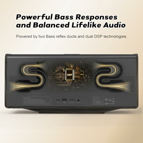 Speaker with DSP technology for powerful bass and balanced audio.