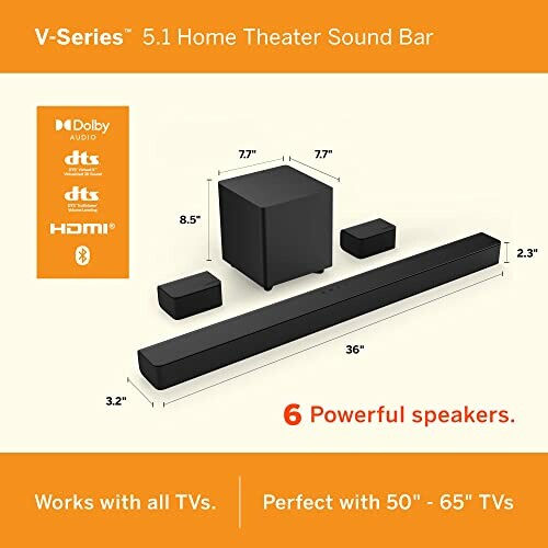 V-Series 5.1 home theater sound bar system with subwoofer and speakers.