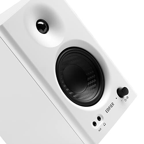 White Edifier speaker with control knobs and speaker grill.